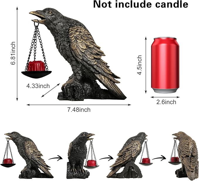 Halloween Decorations Outdoor Indoor Gothic Crow Wall Decor Table Candle Holder Raven Tealight Statue for Yard Patio Garden Bedroom Wearing Gold