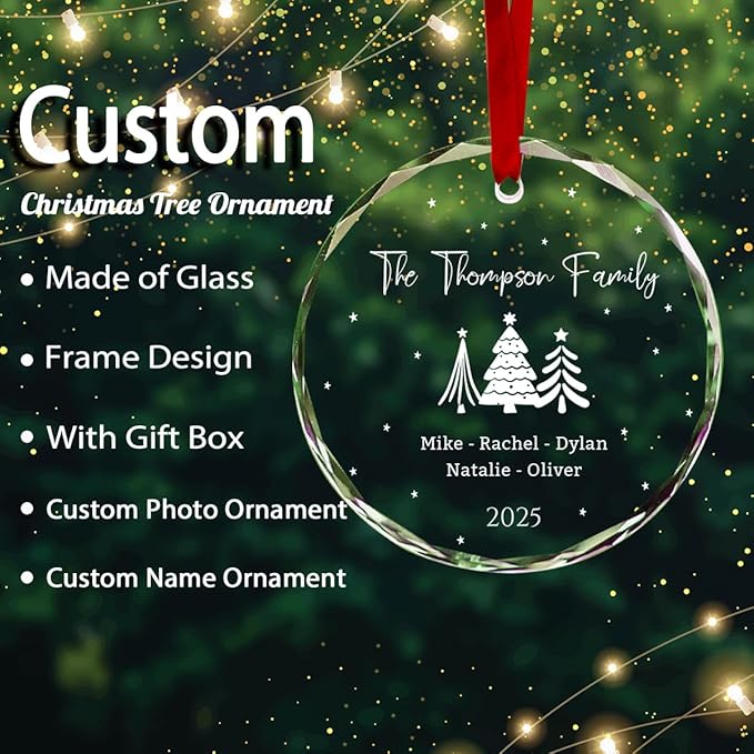 Personalized Round Christmas Crystal Glass Ornaments Custom 2025 Name Ornament for Tree Decor Customized First Christmas Tree Hanging Gifts for Family Friends