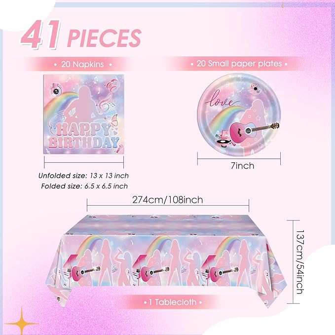 41Pcs Birthday Party Decorations,Music Lover Party Tableware Set, Include Singer Party Plates Napkins Tablecloth丨Singer Themed Party Girls Birthday Fans Celebration Party Supplies,Serves 20