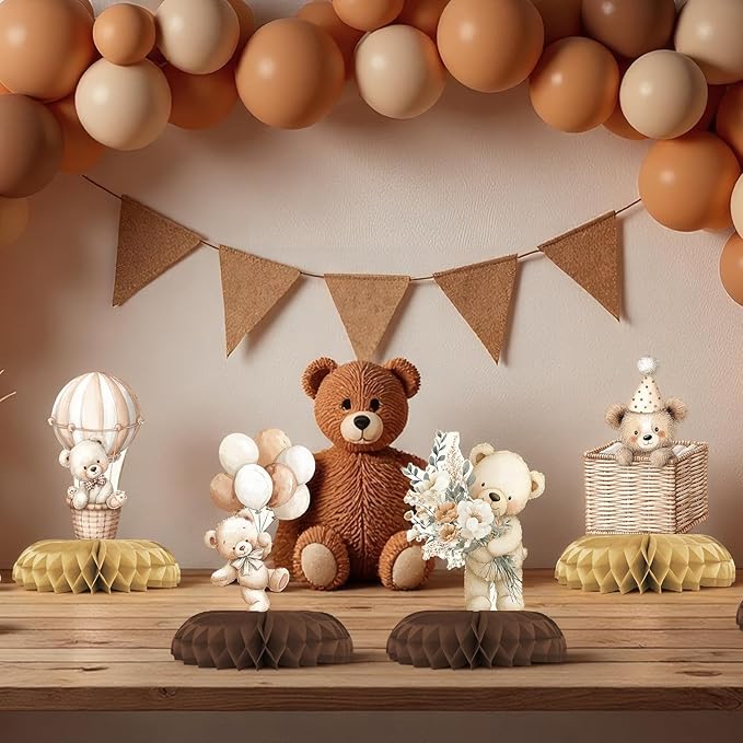 We Can Bearly Wait Baby Shower Centerpieces – 12 PCS Boho Teddy Bear Honeycomb Table Decorations, Brown & Beige Decor for Gender Neutral Teddy Bear Baby Shower