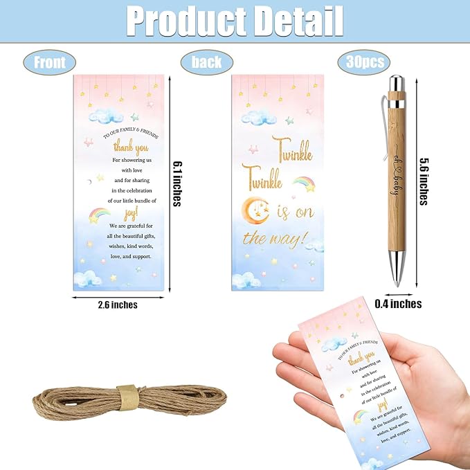 Toerifer 30 Pcs Baby Shower Gifts for Guests, Thank You Gift Sets, Included Bamboo Pens Greeting Cards, Gender Reveal Souvenirs Prizes, Twinkle Twinkle Little Star Baby Shower Decorations
