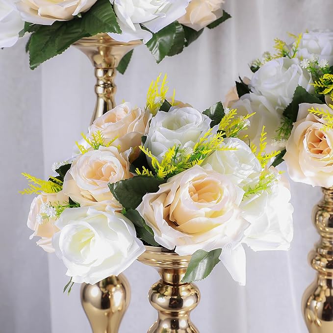 10Pcs Artificial Flower Ball Arrangement, 15 Flower Heads Wedding Roses Bouquet with Base Suitable for Parties Valentine's Day Wedding Centerpieces and Home Decor (Champagne & White)