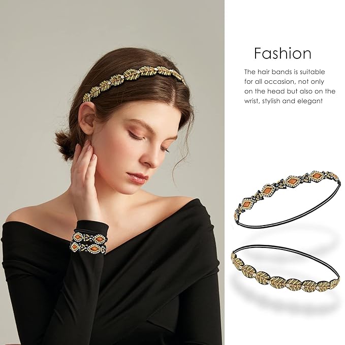 AMCAMI 5-Piece Rhinestone Beaded Hairband Set for Women - Fancy Elastic Headbands with Jeweled Crystal Beads - Handmade Hair Accessories for Women, Girls, and Ladies