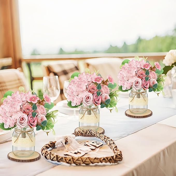 Set 10 Mason Jar Table Centerpiece - Wedding Centerpieces for Tables, Mason Jar Flower Centerpiece Vases Decor- Boho Farmhouse Rustic for Engagement, Bridal Shower, Wedding, Versatile Decor (Pink)