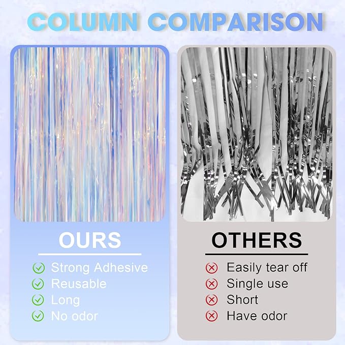 Iridescent Party Backdrop 3Packs Transparent Tinsel Foil Fringe Curtain for Frozen Mermaid Sea Birthday Party Decorations, 3.3x8.2ft Streamers Backdrops