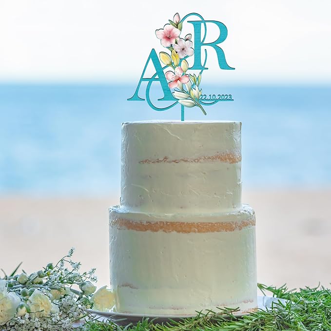 Customized Spring Wedding Cake Topper in Wood Personalized Bride & Groom's Initials and Wedding Date Cake Decoration with Spring Flowers