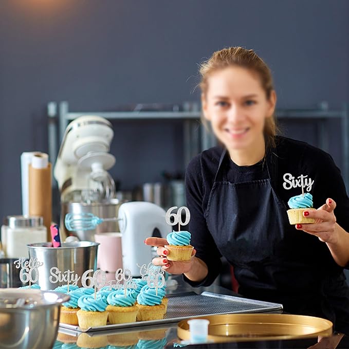 30PCS Happy 60th Birthday Cupcake Toppers Glitter Hello 60 Fabulous Sixty Cheers to 60 Years Old Birthday Cupcake Picks for Happy 60th Birthday Anniversary Party Cake Decorations Supplies Silver