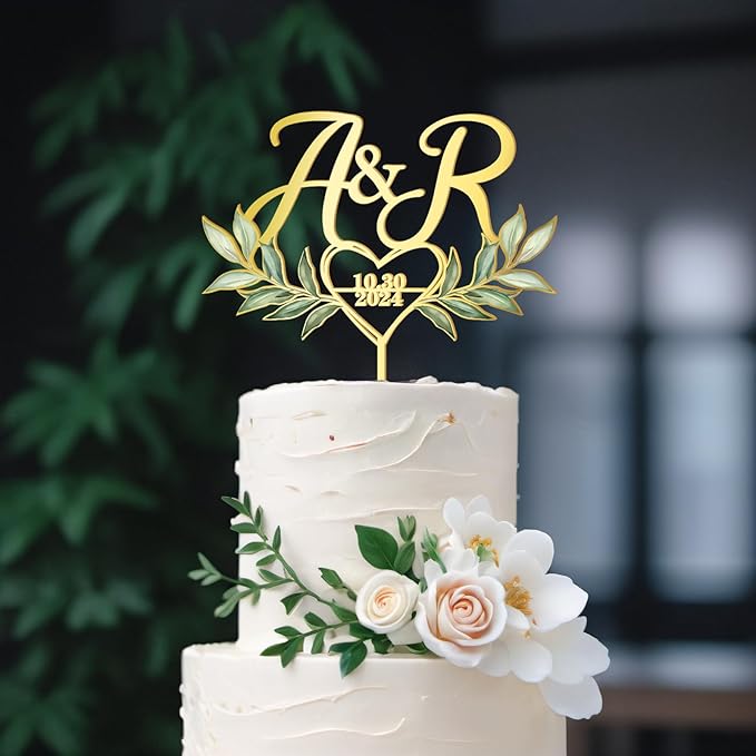 Personalized Wedding Cake Topper with Custom Bride & Groom's Initials and Date Wedding Cake Decoration UV-Printed Heart and Green Leaves Design