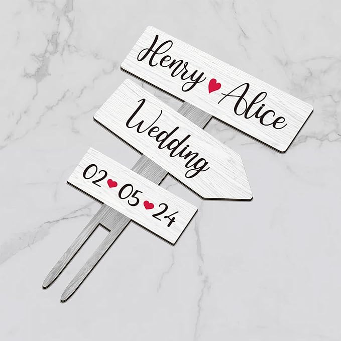 Personalized Rustic Wedding Cake Topper in Wood Custom Bride & Groom Names Initials Wedding Date Cake Decoration (Birch White)