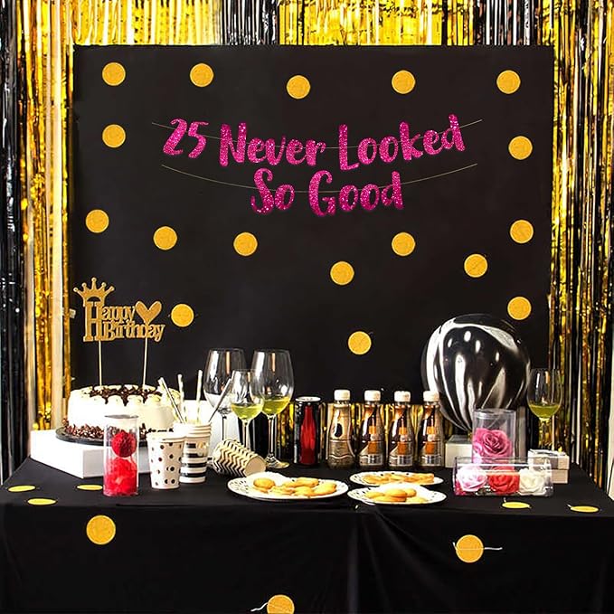 25 Never Looked So Good Pink Glitter Banner - 25th Anniversary and Birthday Party Decorations