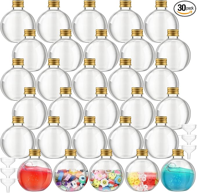 Jinei 30 Pcs 6 oz Ball Shape Plastic Sand Art Bottles Spherical Clear Plastic Potion Bottles Christmas Cocktail Ornament Balls for DIY Wedding Party Gift Crafts Decoration (Gold,Aluminum Cap)