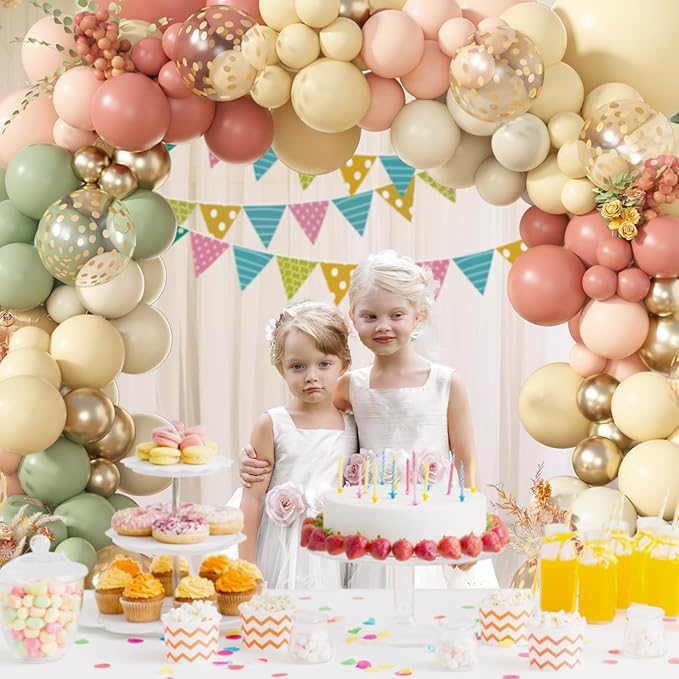 Amandir 173Pcs Dusty Pink Yellow Mist Green Balloon Arch Garland Kit Pastel Peach Mauve Ivory White Sand Confetti Balloons for Fall Bear Baby Shower Summer Birthday Wedding Floral Party Decorations