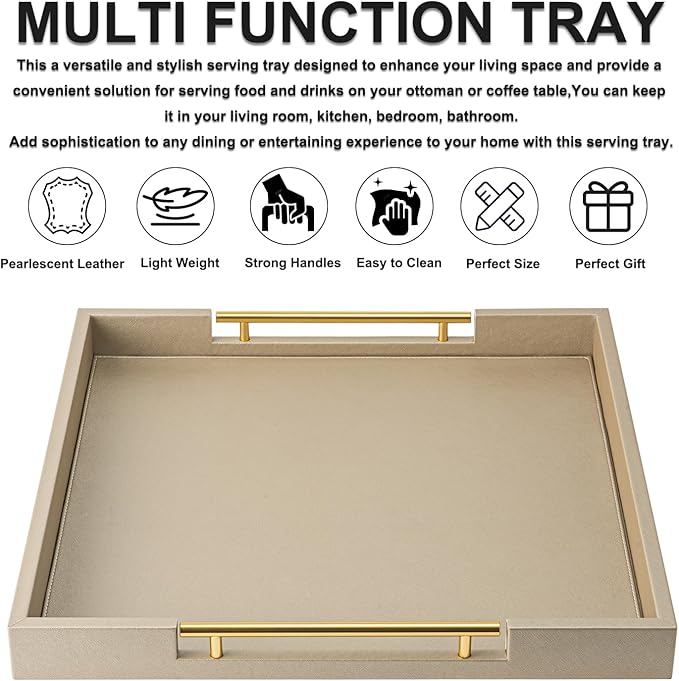 Champagne Faux Leather Serving Tray with Handles,20x20inches, Large Decorative Tray for Ottoman Coffee Table Decor Living Room, Kitchen, Bathroom