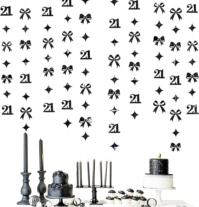 Black 21st Bow Birthday Decorations Glitter Conquette Bow Garland Streamer Banner Backdrop for Girls Boys Happy 21st Birthday Finally Legal Cheers to 21 Years Old Awesome Since 2004 Party Supplies