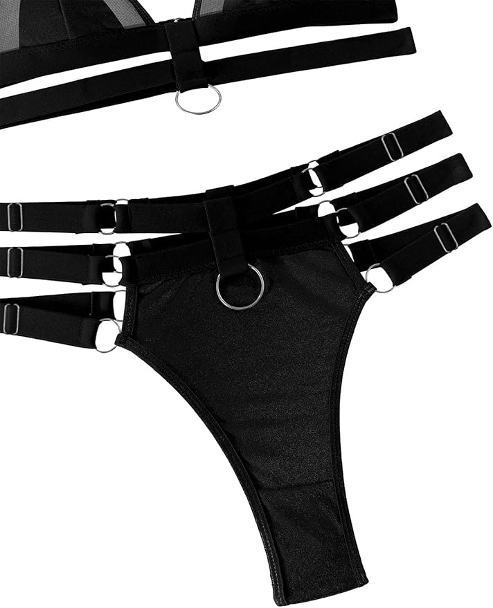 Lilosy Sexy Wireless Choker O Ring Linked Strappy Harness Lingerie Set Outfits 3 Piece