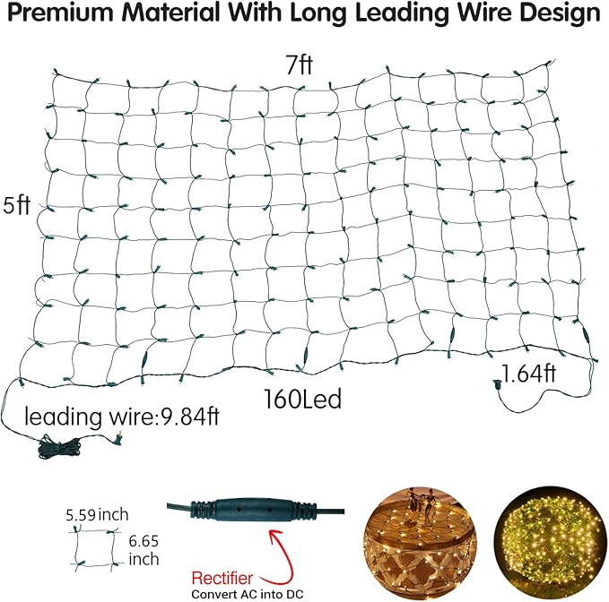 Led Christmas Net Lights Outdoor Christmas Lights WarmWhite 160LED 5ftx7ft, Waterproof Outdoor Indoor Fairy Mesh Net Light for Xmas Party, Yard, Patio, Trees, Shrubs, Bushes Decorations