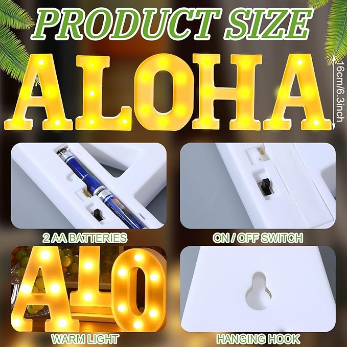 5 Pcs Hawaiian Luau Party Decorations Aloha Light up Sign Aloha LED Marquee Letter for Party Decorations Battery Powered Tropical Alphabet Letter Summer LED Lights for Wedding Night Birthday