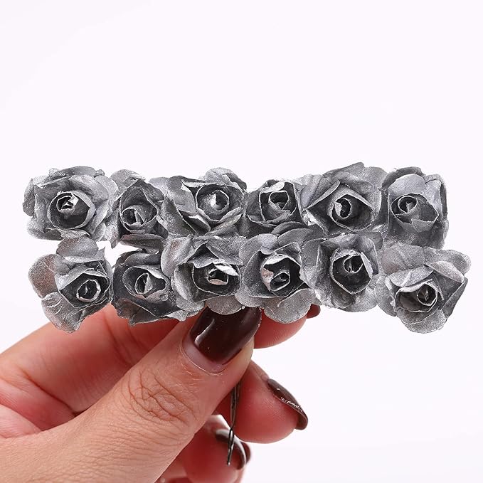 144pcs Mulberry Paper Mini Roses Artificial Flowers Heads with Stems for DIY Crafts Accessories Make Bridal Hair Clips Headbands Dress Wedding Bridal Bouquets Party Home Decor Valentine's (Silver)