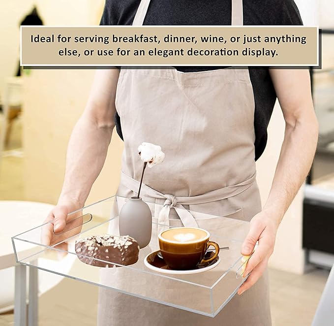 Durable Rectangular Breakfast Serving Tray - 5MM Thick Waterproof Acrylic Serving Platter with Handles for Coffee, Tea, Food - Elegant Decorative Tray (Clear Tray-16''x12'')