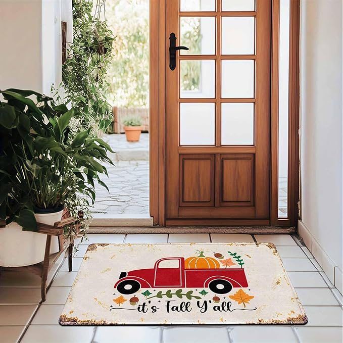 Fall Door Mat, Pumpkin Truck Welcome Mats Outdoor Autumn Doormats for Front Door Decorations Autumn Harvest Vintage Thanksiving, 30"x18"inch