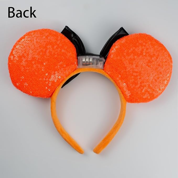 Halloween LED Mouse Ear Headband with Bats, Light Up Sequin Bow Hairband, Flashing Glowing Party Decoration Headwear Hair Accessories for Women Girls