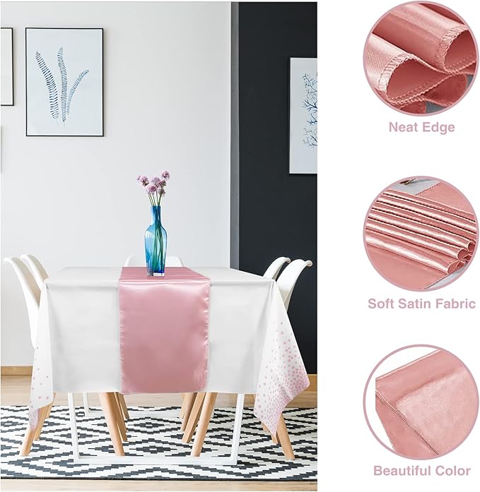 12 Pack Disposable Plastic Tablecloths and Satin Table Runner Set White and Rose Gold Dot Tablecloth Rose Gold Satin Table Runner for Wedding Birthday Baby Shower Anniversary Christmas New Year Party