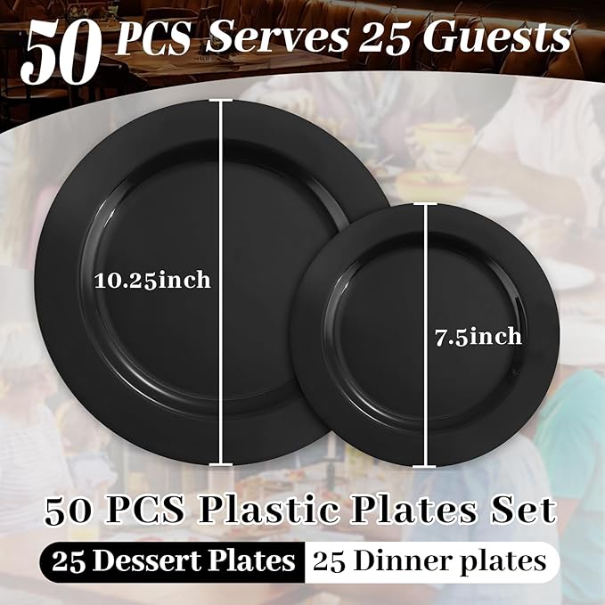 MENDENG 50PCS Black Plastic Plates for Party, 25x10.25 Dinner Plates & 25x7.5 Dessert Plates, Heavy Duty Disposable Plastic Plates for Party Halloween Picnic BBQ