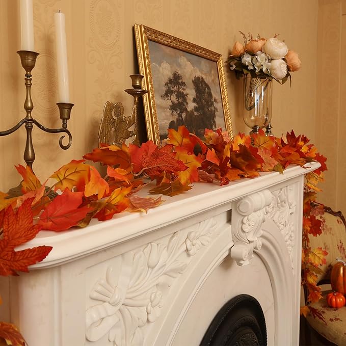 Joyhalo 6 Pack Fall Garland, Autumn Leaves Garland for Mantle Indoor Outdoor Fall Decor,Hanging Maple Leaf Foliage Vines for Fireplace, Front Door, Porch and Thanksgiving Decor