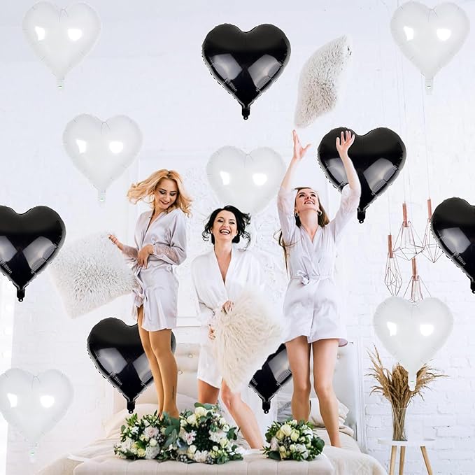 Black White Heart Balloons, 18 Inch Large Matt Black and White Heart Shape Foil Helium Balloon for Birthday Wedding Graduation Engagement Baby Shower Valentines Bachelorette Party Decoration