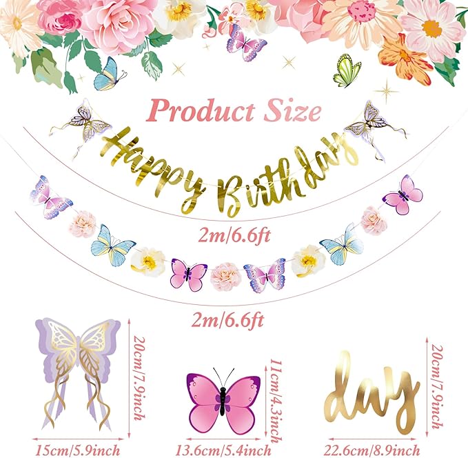 SUNBEAUTY Butterfly Happy Birthday Banner Butterfly Birthday Garden Party Decorations Fairy Party Decoration Summer Flowers Banner | Pre-Strung