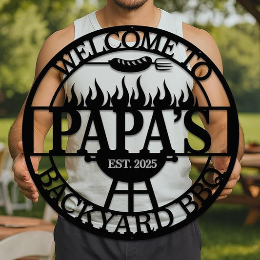 Custom BBQ Grill Metal Sign, Personalized Backyard Bar & Kitchen Wall Art, Outdoor Patio Decor, Custom BBQ Welcome Sign, Dad Gifts, Grandpa Grill Sign, Housewarming Present, Man Cave Metal Sign