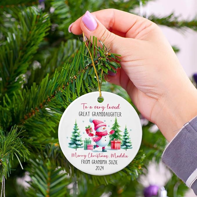 to A Very Loved Great Granddaughter Snowman Ceramic Ornament, Personalized Great Granddaughter Snowman Ornament with Names, Custom Granddaughter Merry Christmas Ornament Gift from Great Grandparents