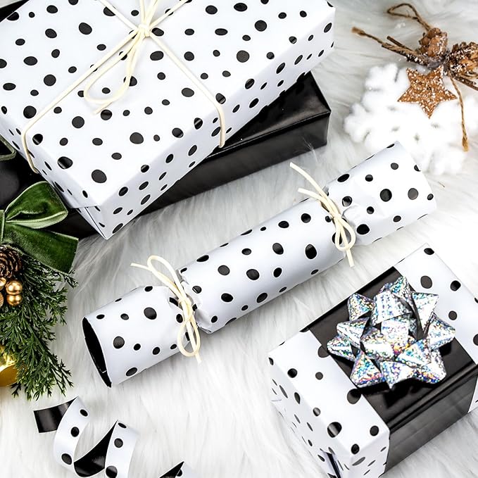 Burymento Black Lrregular Wave Point Wrapping Paper, Reversible Gold Gift Wrap for Birthday, Valentines, Mothers day, Graduation, Wedding, Fathers day, Baby Shower, Christmas (17in x 16.4ft)