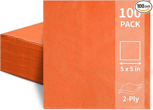 100 Pack Cocktail Napkins Disposable, 2-Ply 5" x 5" Party Napkins, Square Beverage Dinner Napkin for Wedding Birthday Party Anniversary Reception Bar Event (Orange)