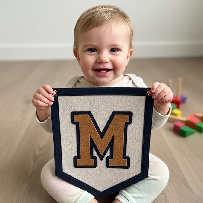Personalized Initials Hanging Sign, Custom Alphabet Felt Wall Banner for Nursery & Kids Room Decor, Vintage Customized Initial Nursery Felt Flag for Baby Shower Birthday Party Gift