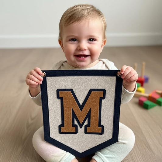 Personalized Initials Hanging Sign, Custom Alphabet Felt Wall Banner for Nursery & Kids Room Decor, Vintage Customized Initial Nursery Felt Flag for Baby Shower Birthday Party Gift