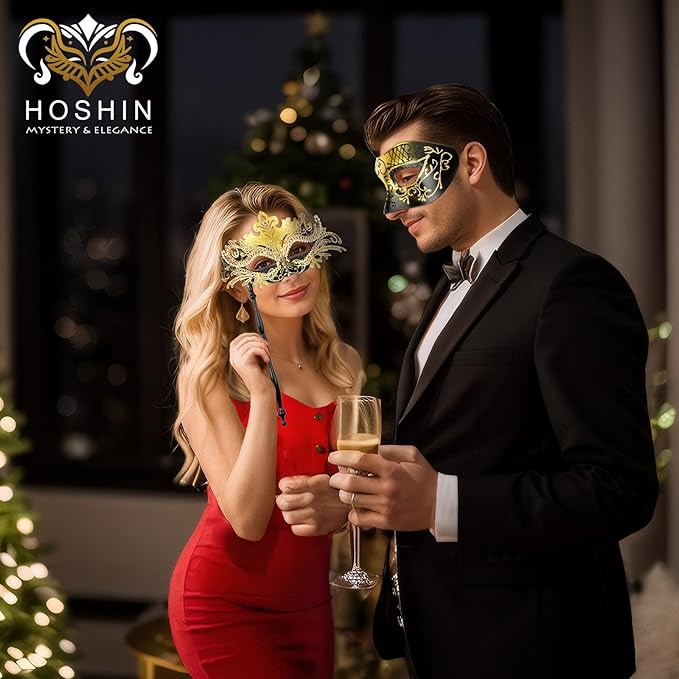 Hoshin Masquerade Mask for Couple, Mardi Gras Deecorations Venetian Masks with Stick for Womens