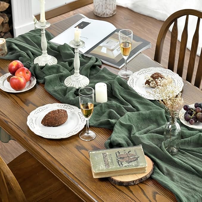 Artoid Mode Boho Forest Green Gauze 6 Pieces Wedding Table Runner, 120 Inch Birthday Fabric Kitchen Dining Holiday Table Decor for Home Party Indoor