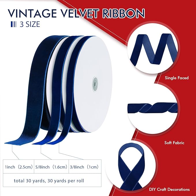 Yilloog 3/8'' 5/8'' 1'' 90 Yards Christmas Velvet Ribbon Vintage Satin Fabric Velvet Ribbon Roll for Christmas Tree Ornaments Decoration Gift Wrapping Bow DIY Crafts (Blue)