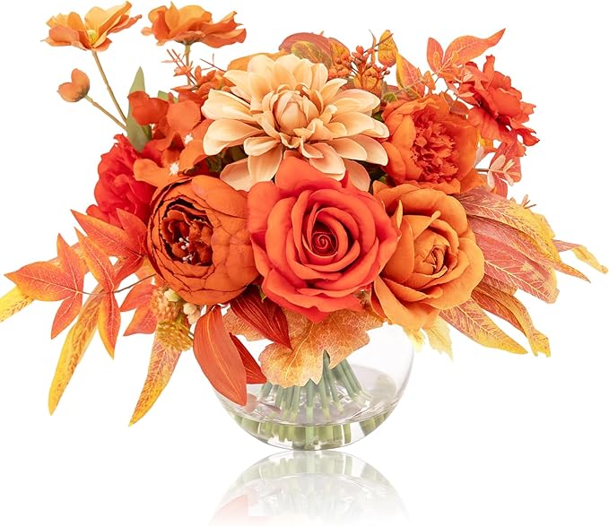 WELL KNOWN Artificial Flowers in Vase, Silk Rose Peony Flower Bouquet Table Centerpieces with Faux Water for Fall Home, Fake Flower & Maple Arrangement for Seasonal Party Decor (Burnt Orange & Earth)