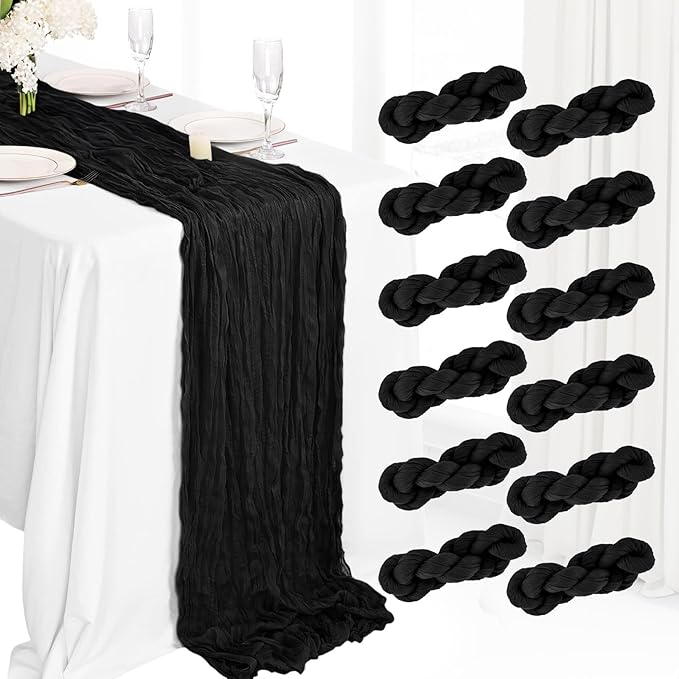 12 Pack Boho Gauze Cheesecloth Long Rustic Sheer Table Runner for Wedding Bridal Baby Shower Birthday Party Cake Table Arbor Decorations (Black)