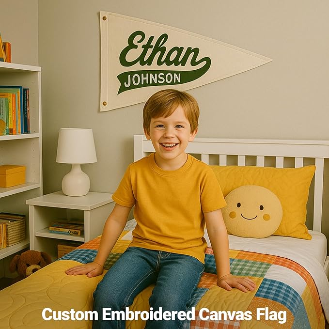 Custom Hand Embroidered Name Pennant Banner, Personalized Baby Name Canvas Pennant Flag for Kids Room Bedroom, Customized Nursery Name Sign for Boys & Girls, Baby Shower Birthday Party Gift