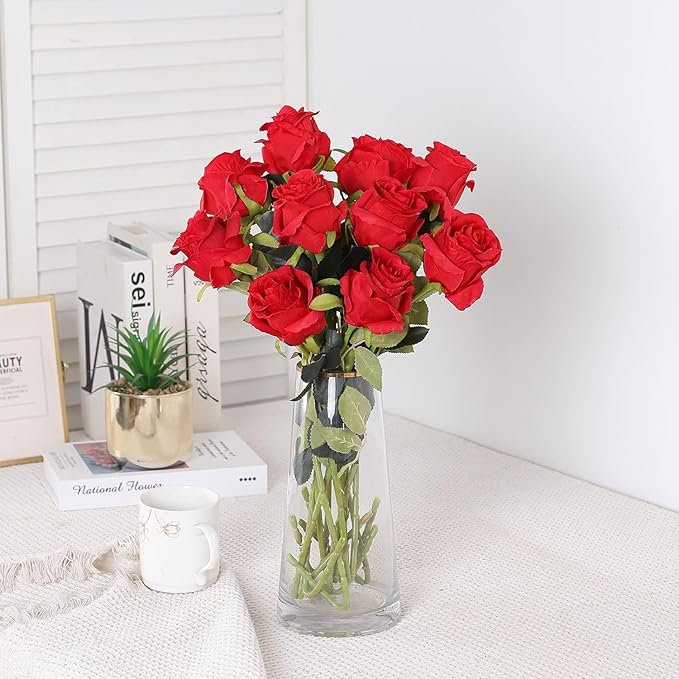Tifuly 8 Pcs Red Roses Artificial Flowers Bulk,Realistic Long Stem Fake Silk Roses Bouquet for Wedding Centerpiece Table Vases Party Home Kitchen Decor