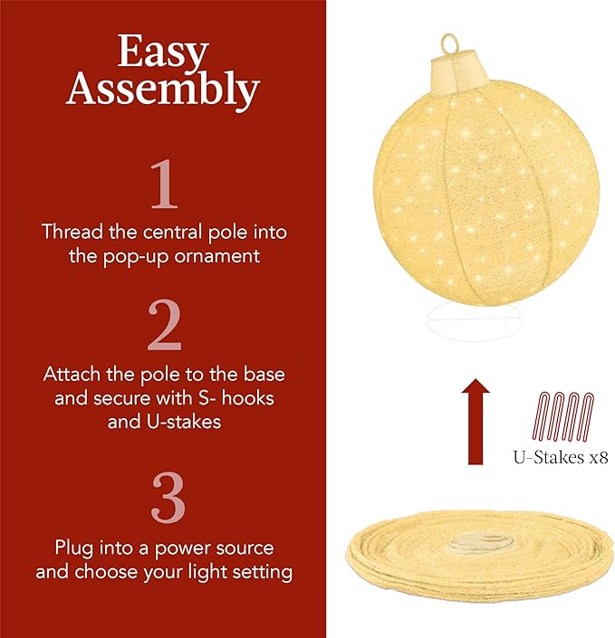 Best Choice Products 2pc Lighted Pop-Up Outdoor Christmas Ornament Set, Holiday Ball Decoration w/ 180 LED Lights, 8 Light Functions - Gold/White