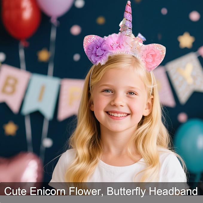 Unicorn Headband for Women - Flower Glitter Horn with Butterfly & Ears Headband, Magical Blossom Hair Accessory for Birthday Party Hair Decoration,Halloween Christmas Cosplay Hairband