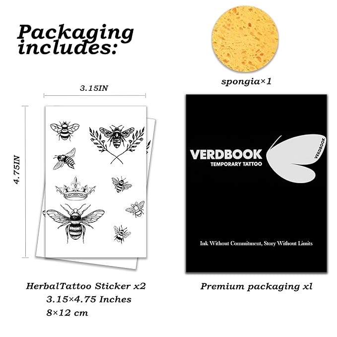 Waterproof Temporary Tattoos: 2-Sheet Tattoo Kit with Realistic Body Stickers, Semi-Permanent Tattoos for Adults Lasting 7-15 Days – Safe for Men & Women, Bees Crown