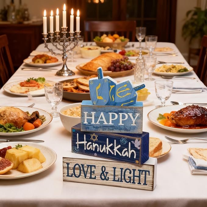 4 Pcs Hanukkah Table Decorations Chanukah Tiered Tray Decor Dreidel Star of David Wooden Block Signs Blue and White Jewish New Year Judaism Hanukkah Decor for Home Kitchen Mantel Party