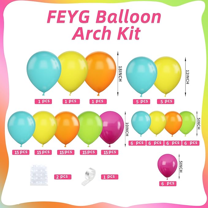 120 Pcs Summer Tropical Balloon Arch Kit, Hot Pink Green Orange lime Green Teal Blue Yellow Latex Rainbow Balloon Garland Kit for Hawaiian Luau Aloha Birthday Baby Shower Pool Party Decorations