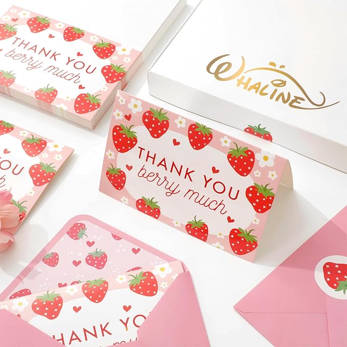 Whaline 50 Packs Strawberry Thank You Cards Red Pink Strawberry Flower Greeting Cards Blank Note Card Boxed with Envelopes and Stickers for Birthday Baby Shower, 4 x 6 Inch