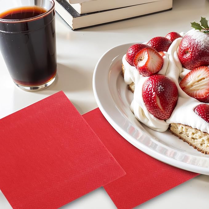 FLOWERCAT 100-Count 2-Ply Christmas Napkins & Red Cocktail Napkins - Napkins Disposable Premium Quality - 5" x 5" Red Paper Napkins for New Year Party & Christmas,Bar,Weddings,Birthday